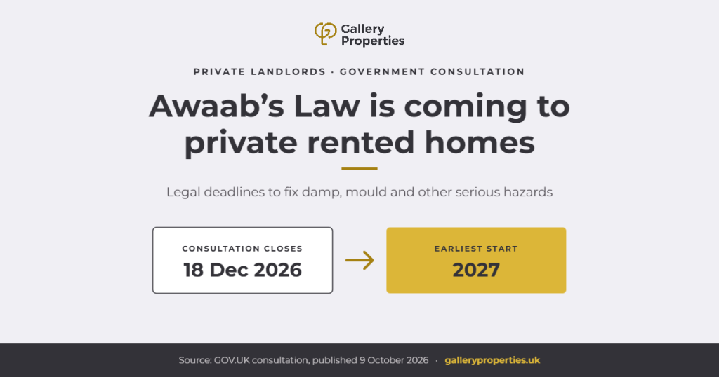 Awaab's Law is coming to private rented homes: legal deadlines to fix damp, mould and other serious hazards. Consultation closes 18 December 2026, earliest start 2027.